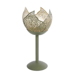 Theelichthouder Op Voet Leaf Tilia Groen/goudmetaal 10x10x21cm